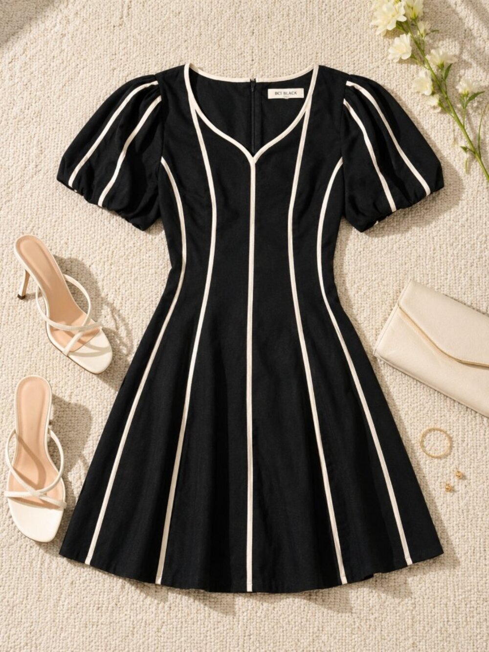 1.STATE Black Piped Short Sleeve Fit Flare Dress Size L NWT